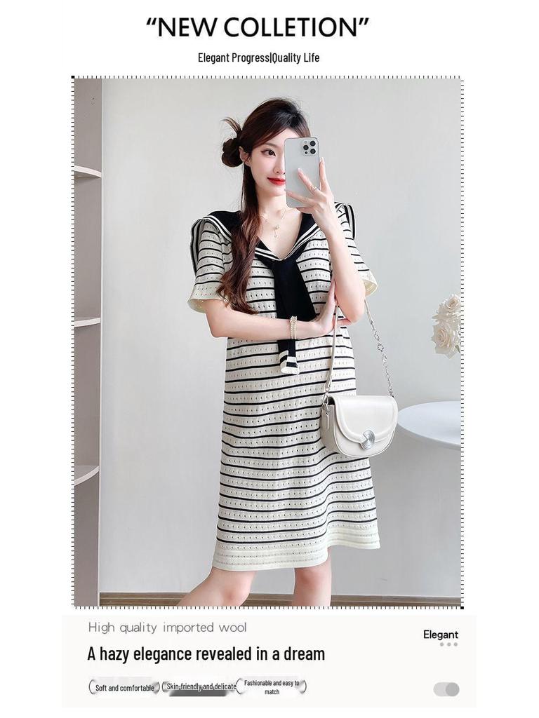 Navy Striped Korean Style Maternity Summer Dress, Casual Loose Fit, Slimming Ice Silk Knit with Hollowed-Out Details