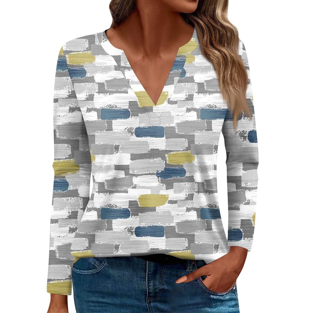 Women's Fashion Casual T-Shirt V-Neck Long Sleeve Geometric Patchwork Printed Top