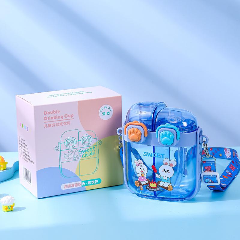 Children's Double-drinking Water Cup with Separate Compartments, Plastic Cartoon Straw Cup, Student Portable Hanging Rope Water Bottle