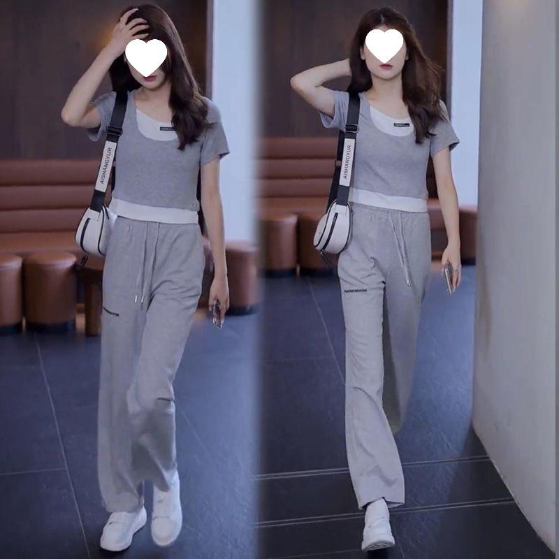 Short-sleeved Casual Sports Suit for Women Summer Splicing Fashionable Temperament Fake Two-piece Top Wide-leg Pants Two-piece Set