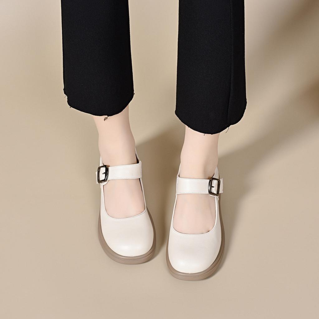 Round Head Mary Jane Shoes Women's First Layer Cowhide One-word Buckle Shallow Mouth Flat Bottom College Style Small Leather Shoes