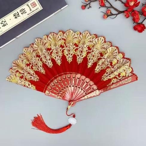 Folding retro pattern hand fan, single flower folding fan, Chinese dance fan, role-playing party decoration, women's handheld