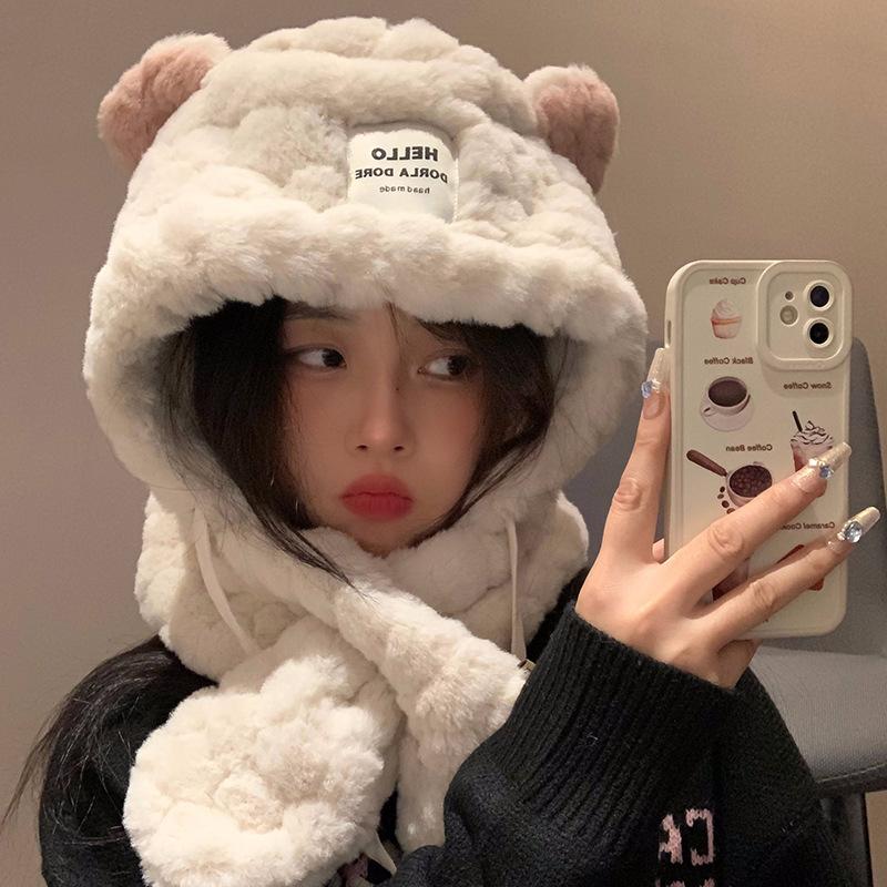 Bear plush hat scarf integrated women's autumn and winter thickened warm ear protection riding shows small face