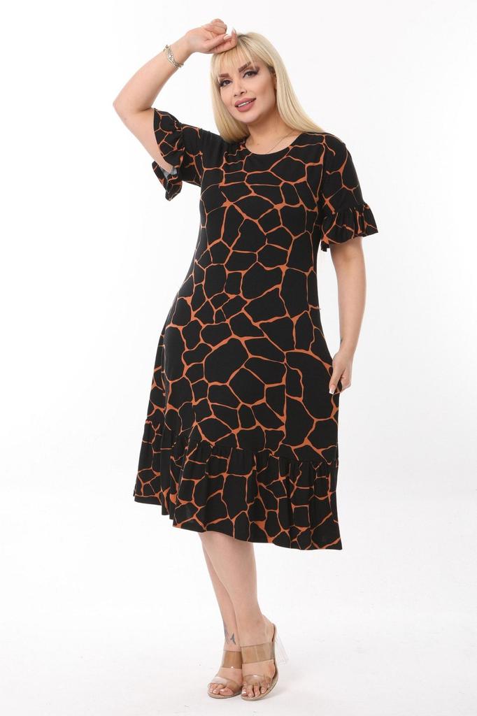 Damen Übergröße Kleid Plus Size Schwarz Steinmuster Taschenkleid mit Rüschenärmeln und Rock