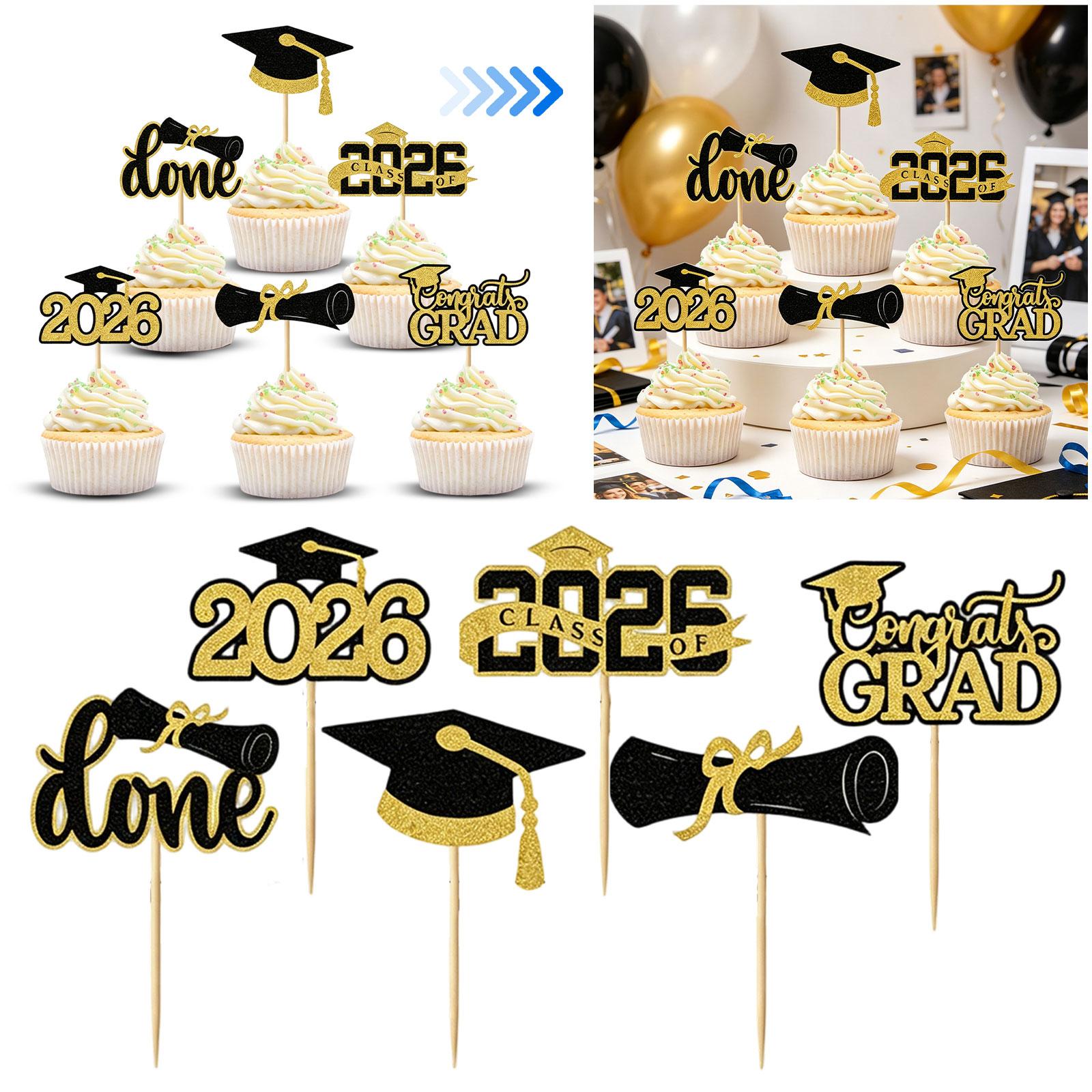 Graduation Cake Toppers 2026 Graduation Party Decorations Diploma Cap Dessert Picks Set of 6 Graduation Signs for Celebration One Size