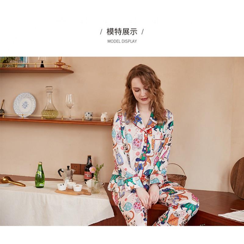 Womens Lightweight Silk-Like Pajama Set With Christmas Cat Print Long Sleeve Open-Front Top Pants Fall Home Wear