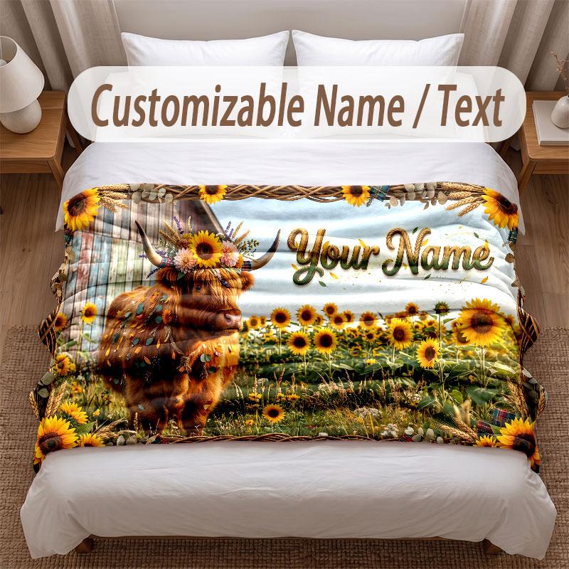Highland Cow Theme Soft Blanket Personalized Custom Name Text Print Warm Blanket Home Sofa Bedroom Decor