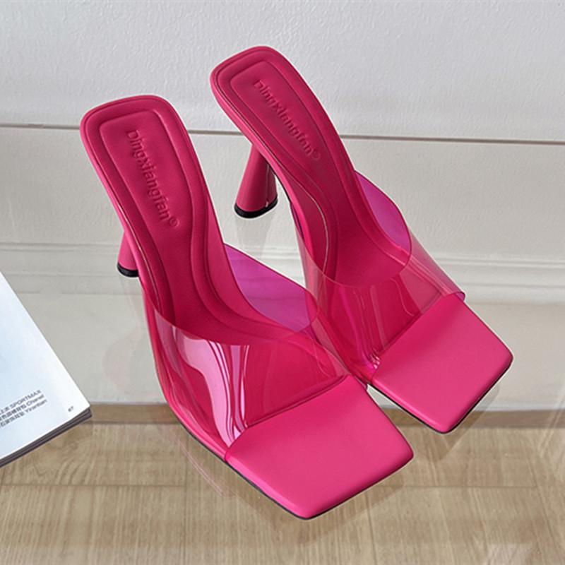 Fashion Elegant Transparent PVC Women Slippers Fashion Red Silver Slide Sandals Summer Sexy Square Toe High Heels Cozy Party Slippers