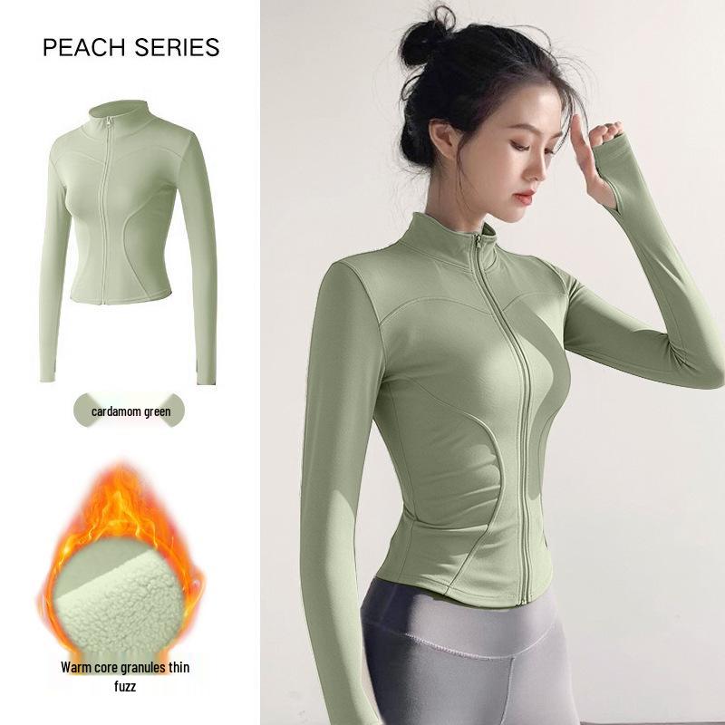 Women's Plush Slim Fit Zipper Yoga Jacket - Thickened, Elastic Long Sleeve, Stand Collar, Warm Autumn & Winter Top