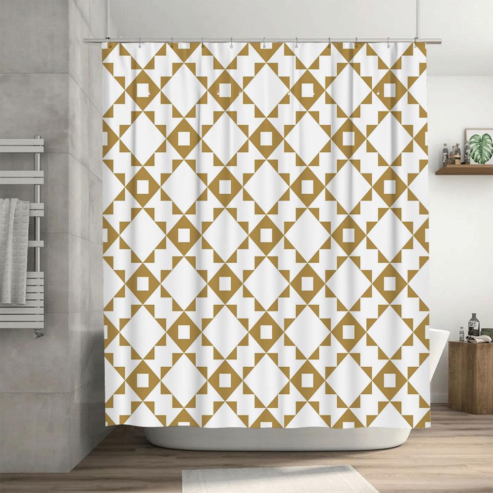 Classic Geometric Shower CurtainWhite Beige Diamond Pattern Decorative Bath Rug Mat Waterproof Shower Curtain in Multiple Sizes