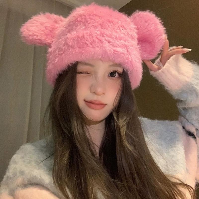 Furry Cartoon Bear Hat with Lovely Ear for Outdoor Sports Furry Hat with Ear Oversized Headgear Hat for Winter