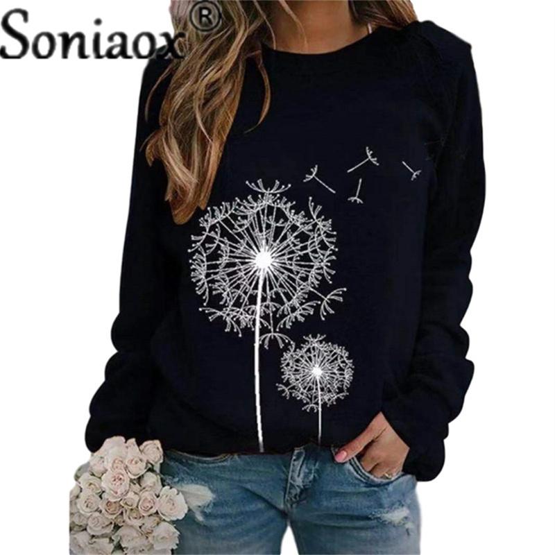 R Women Dandelion Print Round Neck Long Sleeve Sweatshirt Ladies Fashion Loose Casual Pullover