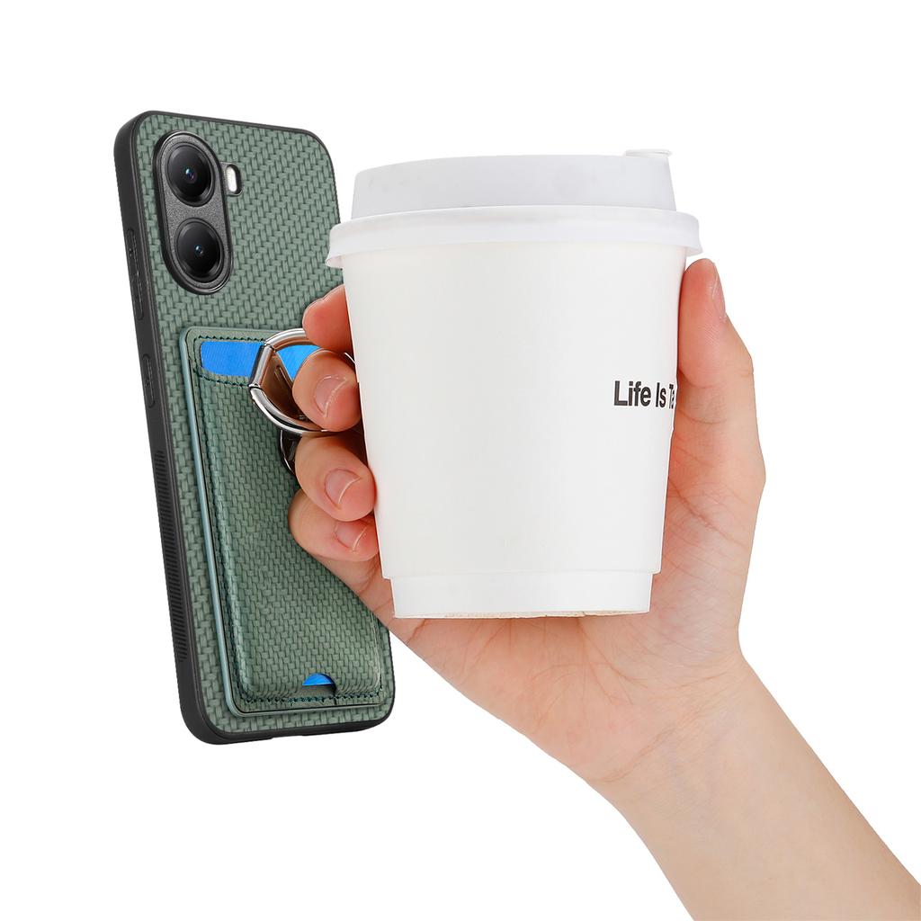 For Xiaomi Poco X7 Pro 5G/Xiaomi Redmi Turbo 4 5G Bakdeksel i skinn med støtte og kortlommer Karbonfibermønster