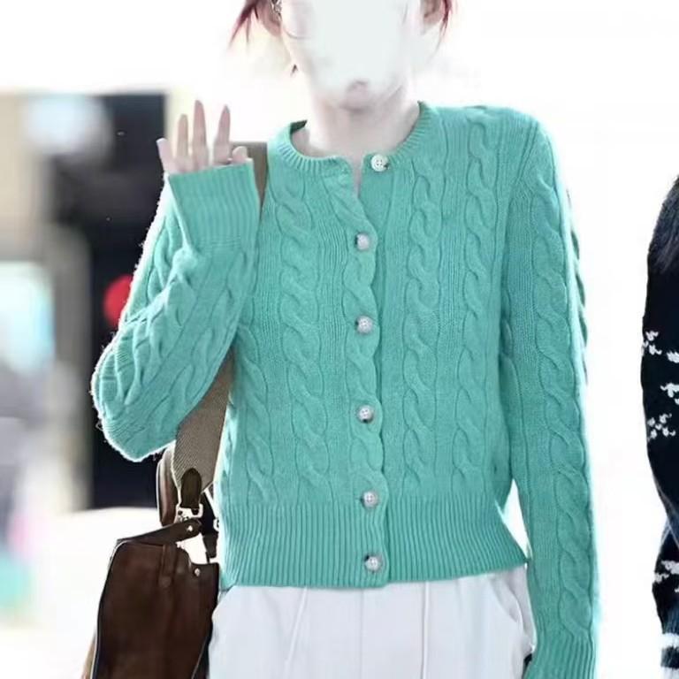 Li Cai Ling Green Cable Knit Round Neck Cardigan - Women's Slim Fit Versatile Sweater, 2025 Spring Collection.