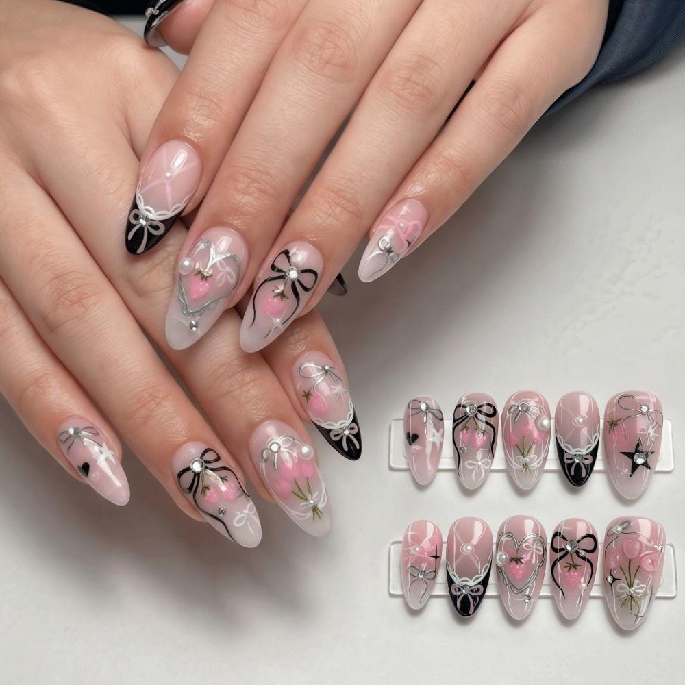 30 Tablets/Box Almond-shaped Press-on Nails Bow Design Artificial Nail Tips Women and Girls
