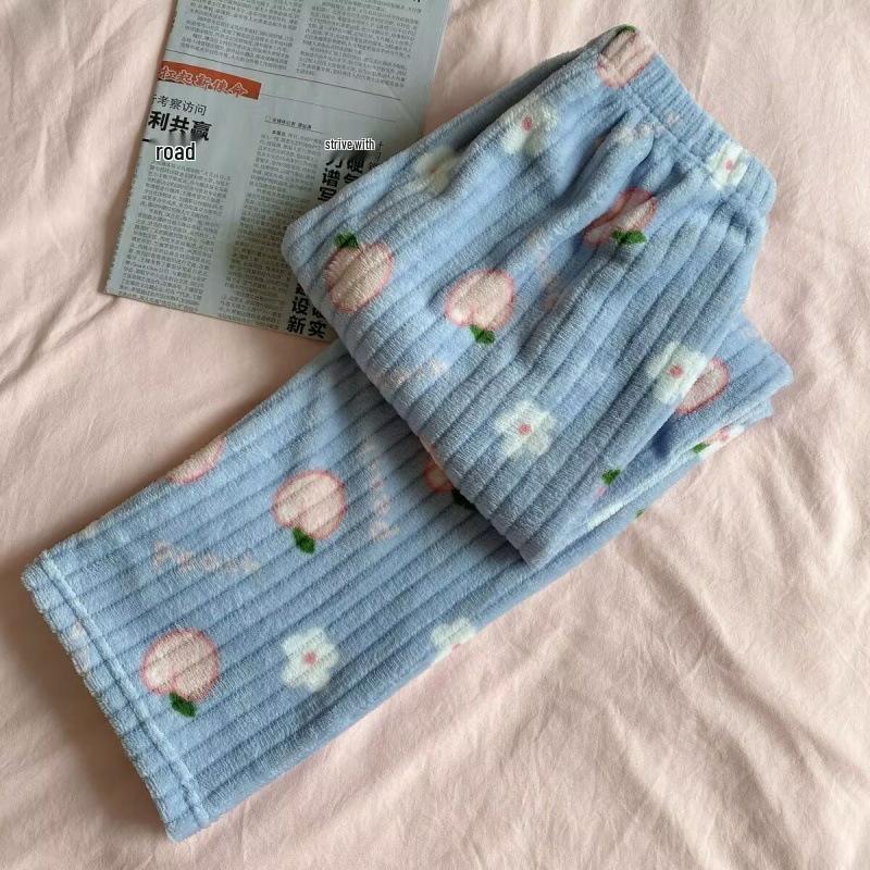Women's 2025 Peach & Bear Print Coral Fleece Pajama Pants - Warm, Thickened, Casual Homewear for Autumn/Winter