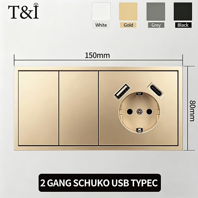 Flush Mount EU Electrical Socket 16A 250V with USB Type-C Charging 1/2 Gang Switch, 80x80mm Golden Panel for European Standard