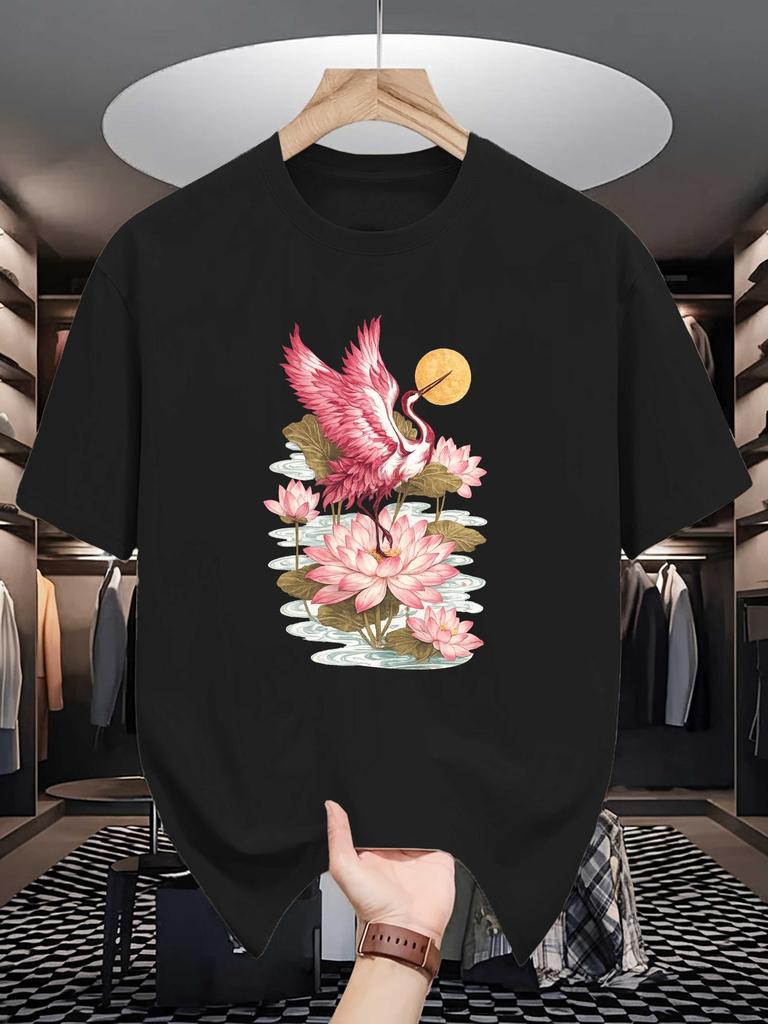 East Asian Art Print Unisexs Crew Neck T Shirt Red Crane Lotus Moon Retro Graphic Short Sleeve Casual Cotton Aesthetic Street Tees