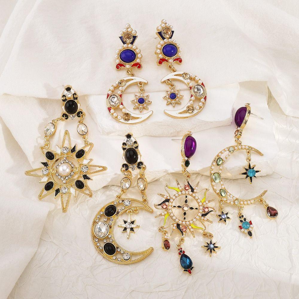 Medieval Style Dangle Earring Handmade Crystal Earrings Retro Sun&Moon Earrings  Birthday Gift