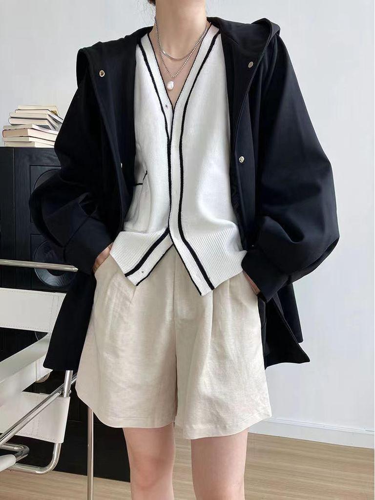 Women's Korean Chic Hooded Trench Coat with Lantern Sleeves - Spring & Autumn Casual British Style