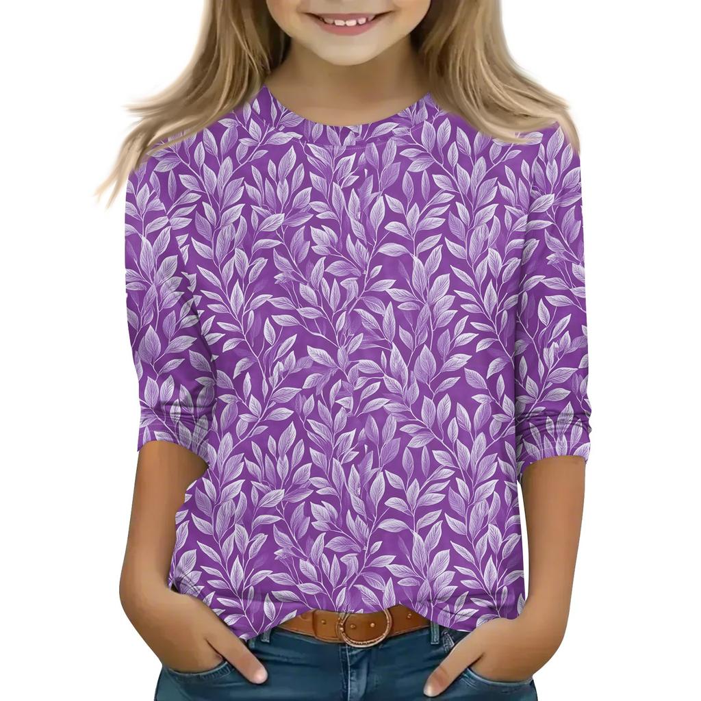 Print Tops For Youth Girls 5-16 Years Round Neck 3/4 Sleeves T-Shirts Trendy Tops Outfit Tees