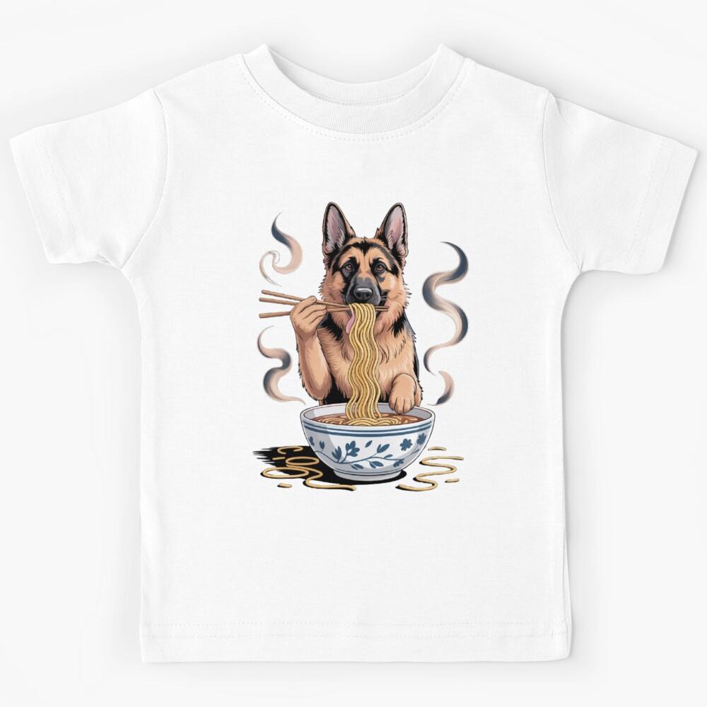 Dog Pet Owner Art Design Cute German Shepherd Eating Noodles Kids T-Shirt 140