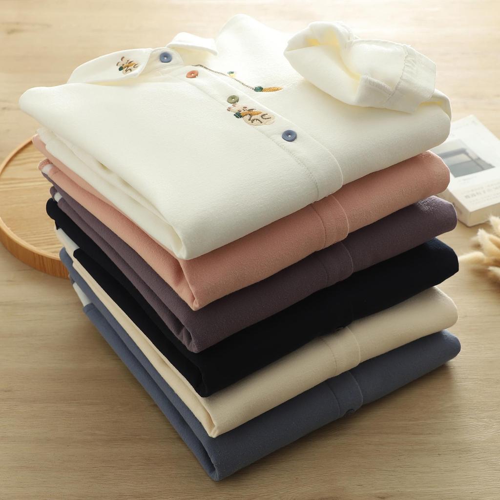 Women's Warm Autumn/Winter Velvet Shirt with Artistic Rabbit & Radish Embroidery
