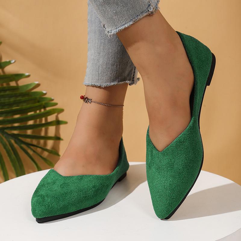 Large size pointed flat bottom shallow mouth single shoes women's new four-season suede flat heel work ladyshoes