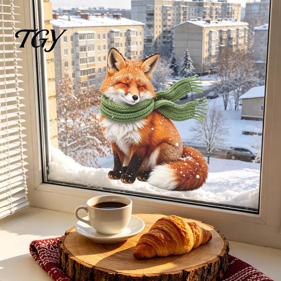 Reusable Seasonal Decor Fox Static Window Cling, Christmas Winter Glass Stickers, PVC Electrostatic Cling Removable Sticker Decal for Home Door