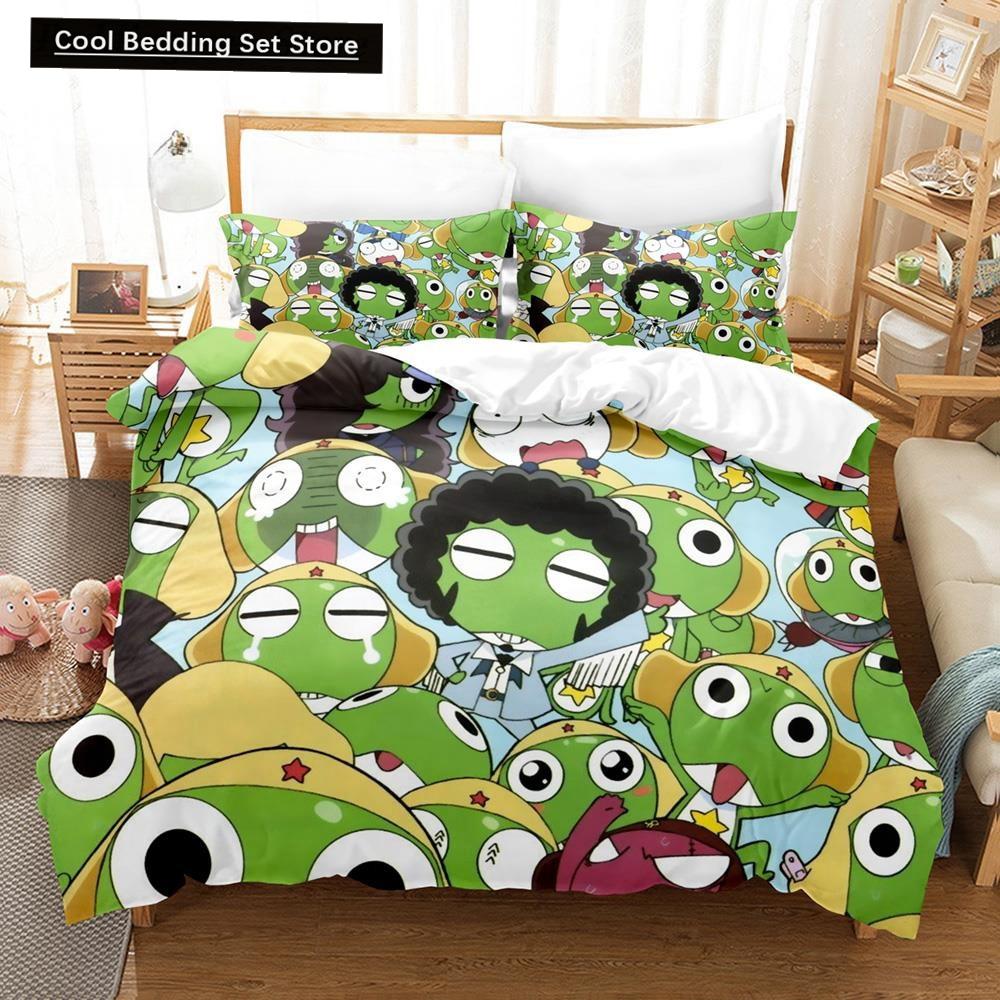 3D Kawaii Cartoons Bed Sheet Keroro Frog Bedding Set Single Twin Full Queen King Size Bed Set Adult Kid Bedroom Duvet Cover Sets