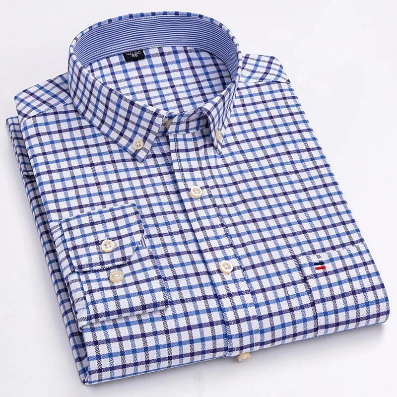 Men Social Shirts Long Sleeve 100% Pure Cotton Oxford Soft Buttoned Plaid Formal Male Clothes Oversized Shirt Plus Size 6XL 7XL
