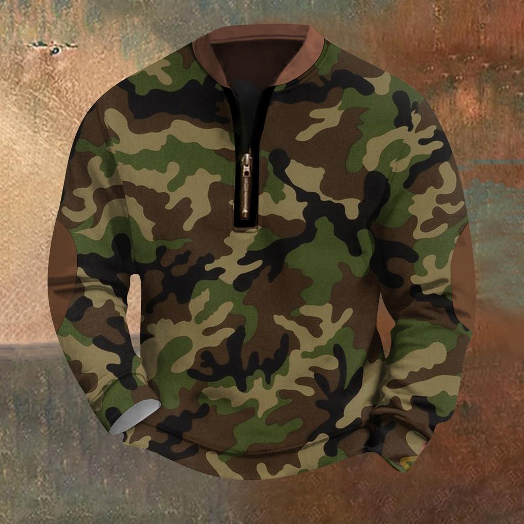 Men's Fashion Casual Half Zip Neck Loose Long Sleeve Camouflage Sweatshirt