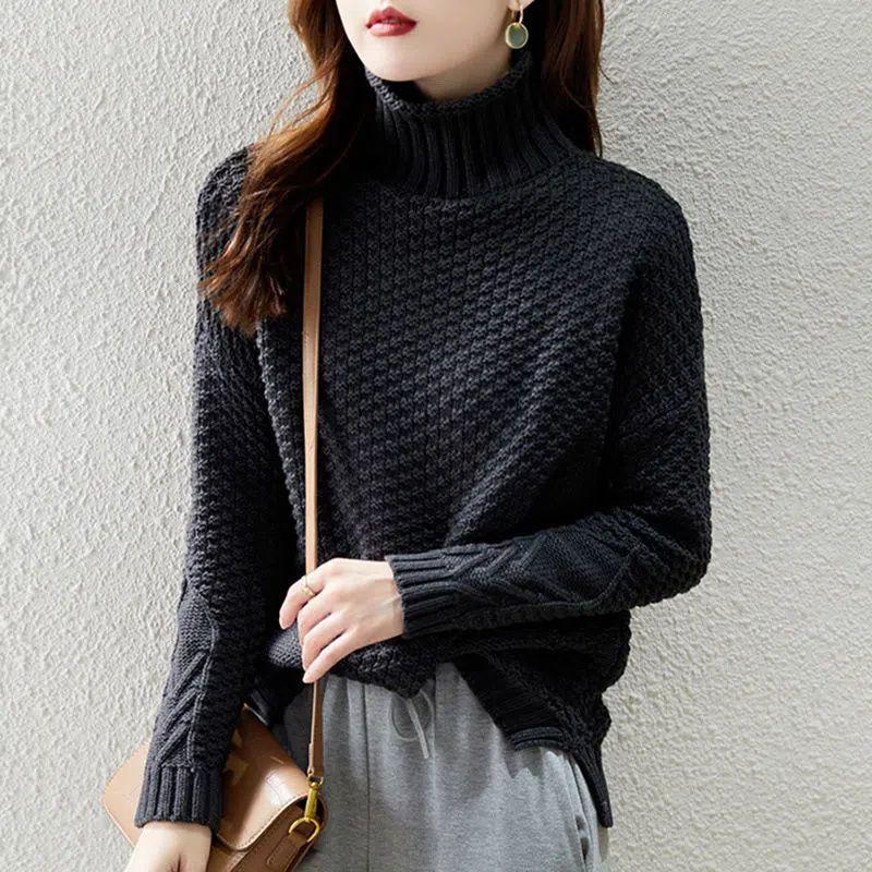 Autumn Winter Solid Color Pullover Long Sleeve  All-match Screw Thread Women's Clothing High-neckSweater Knitted Tops