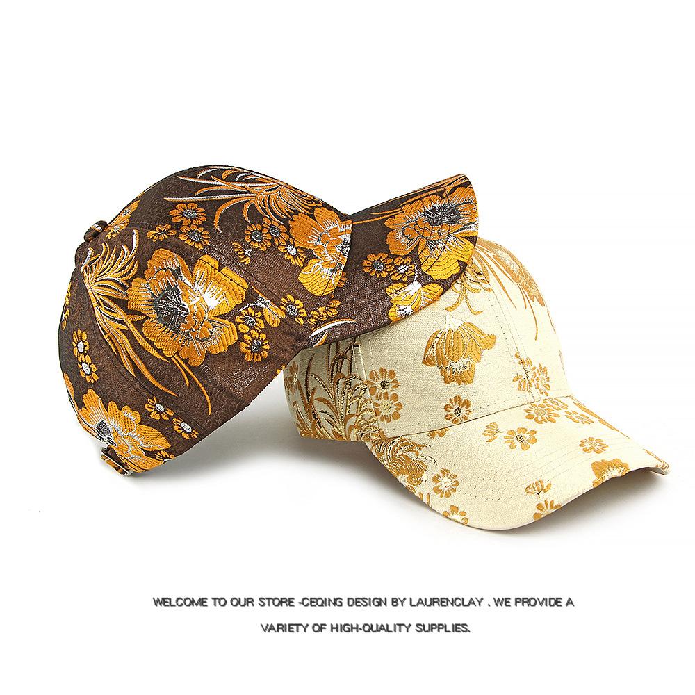 Hard Top Baseball Cap Women's Spring Autumn Sunscreen Hat Ethnic Style Flower Cap