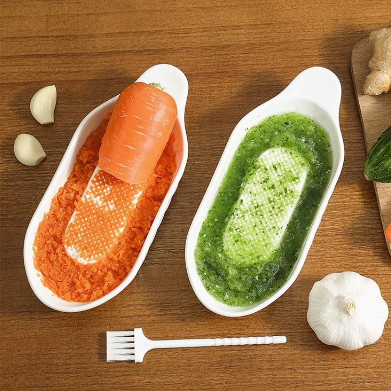 White Simple Style Ceramic Ginger Grater Tool Hand Grinder Garlic Masher Portable Carrot Ginger Grinding Kitchen Tool With Brush