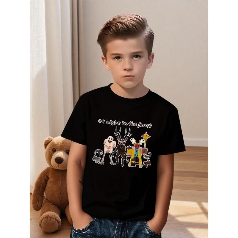 

European Size Boys Crew-neck Short-sleeved T-shirt with Fantasy Forest Cartoon Pattern Print 98cm чёрный