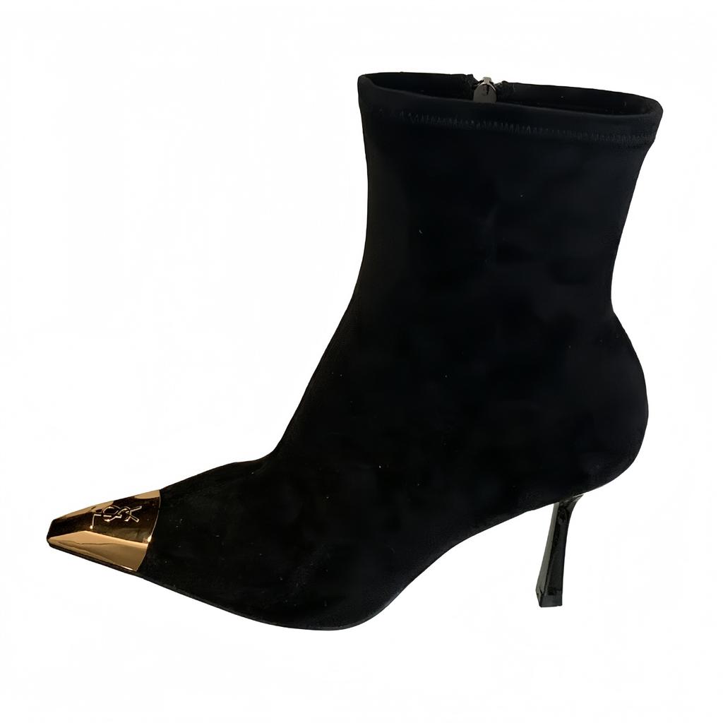 Metal pointed fashion boots autumn and winter French stiletto women's boots black versatile temperament high heel short boots