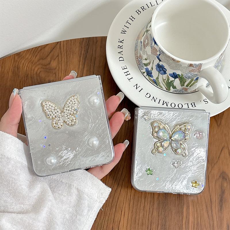 Rhinestone Pearl Bow Phone Case Premium Sense Applicable Samsung Zflip6 Flip Folding Zflip7 Women'S Fashion