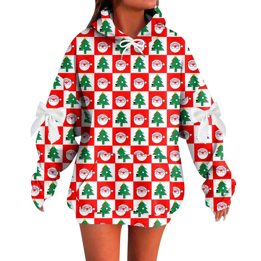 Ladies' Christmas Printed Bow Long Sleeved Loose Fitting Headband With Rope Hooded Sweatshirt Top