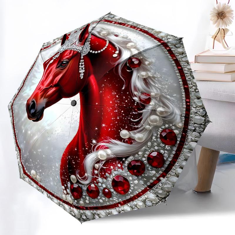 1pc Jeweled Horse Automatic Opening/Closing Folding Umbrella with 8 Ribs, Plastic Handle, Windproof Portable Sunshade Umbrella Yy251222225