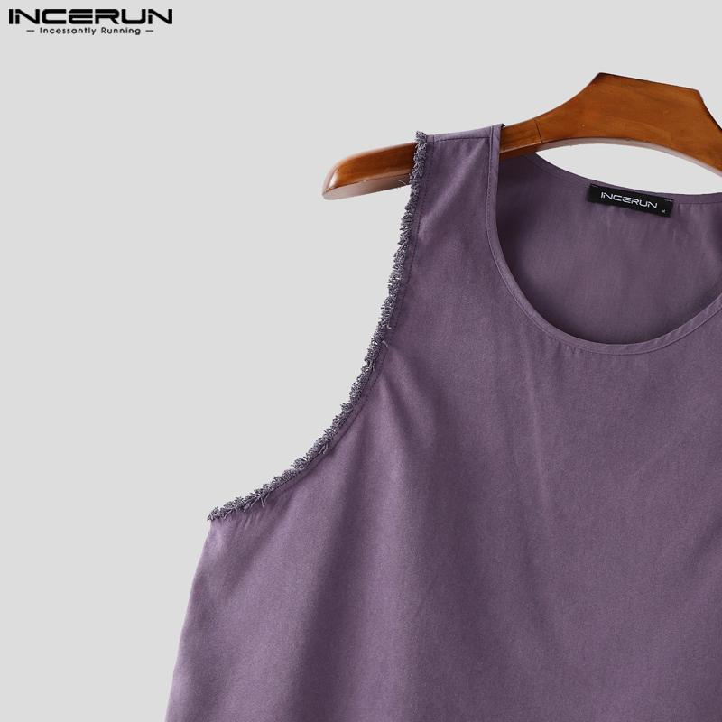 INCERUN Men Round Neck Sleeveless Tassel Hem Casual Loose Tank Tops