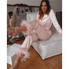 Women's Solid Color Polo Collar Feather Pants Two-Piece Set Top