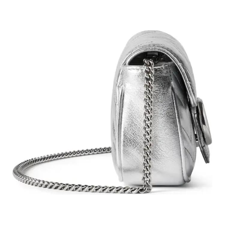 Gucci GG Marmont Silver Metallic Leather Chevron Quilted Mini Chain Crossbody Bag For Women Daily Use