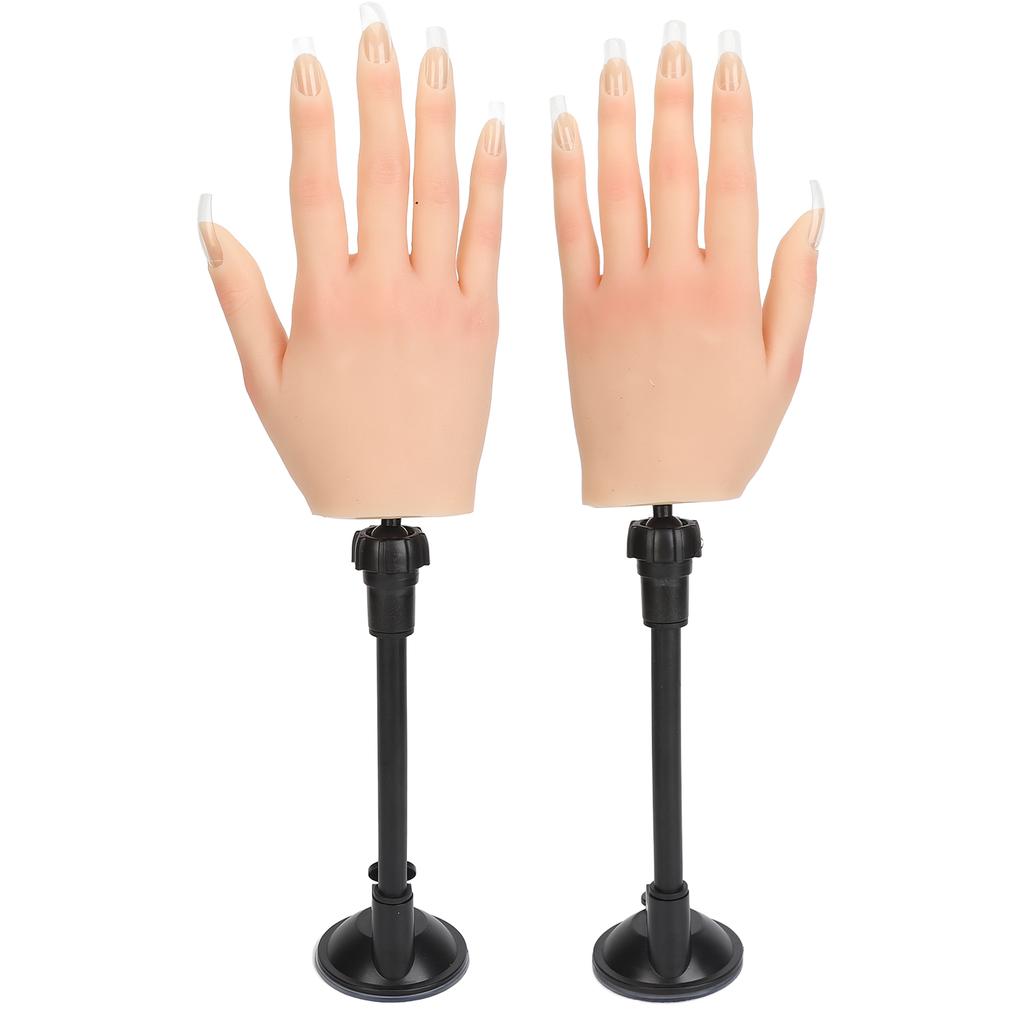 2pcs Nail Art Practice Hand Bendable Joints Silicone Nail Training Hand with Suction Cup Stand Nail Tips
