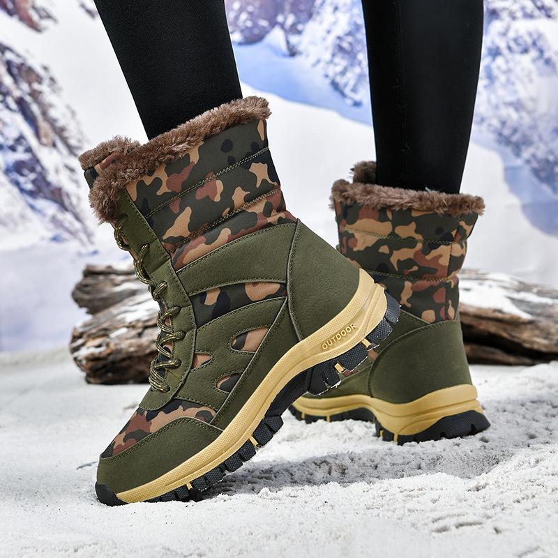 Men's High-Top Camouflage Fleece-Lined Snow Boots - Army Green, Plus Size, Thick-Soled, Winter Warm Outdoor Footwear