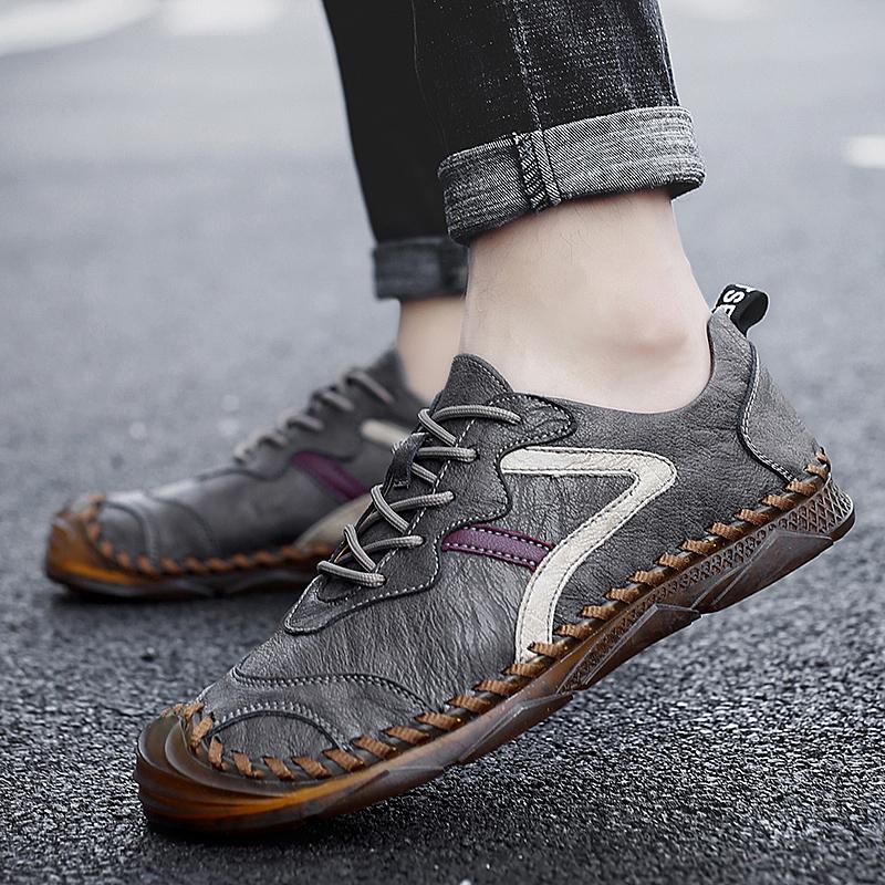 

Мужские походные ботинки, мокасины, обувь для вождения, повседневная обувь ручной работы из черной кожи для отцов, большой размер 47 серый