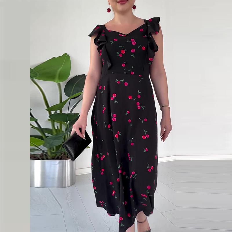 

2024 Летнее Европейское и Американское Женское Сладкое и Пикантное Платье с Рукавами-Воланами и Фруктовым Принтом XXXL чёрный