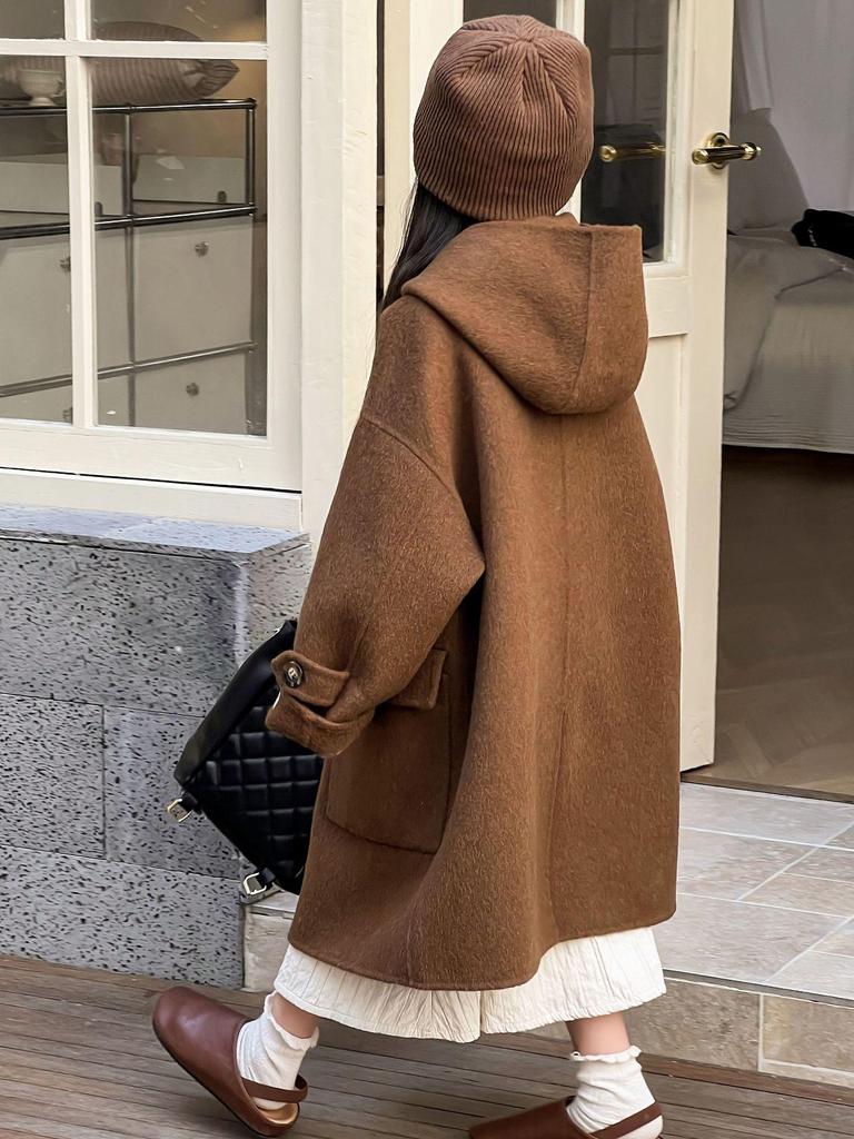 Korean Style Girls' Double-Sided Cashmere Coat - Medium & Large Children's Mid-Length Outerwear for Autumn & Winter