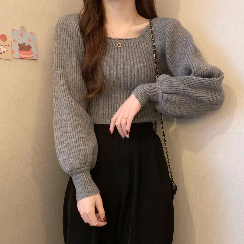 High-End Puff Sleeve Square Neck Sweater - Autumn/Winter Slim Fit Versatile Top