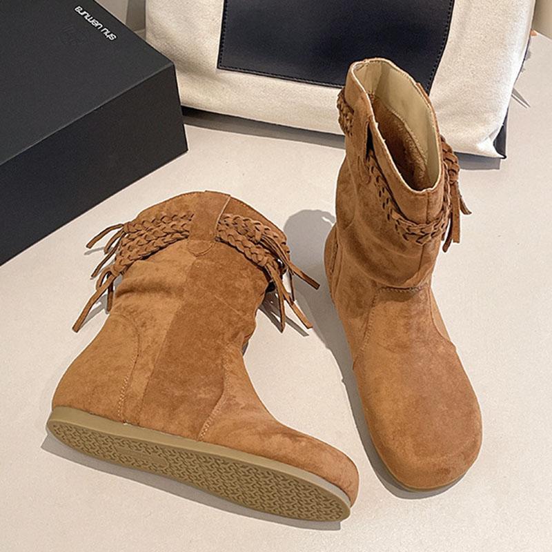 Fashion Short Boots Women's 2025 Autumn New Vintage Suede Casual Botas for Women Solid Tassel Flat Bottom Females Shoes Solid Botines